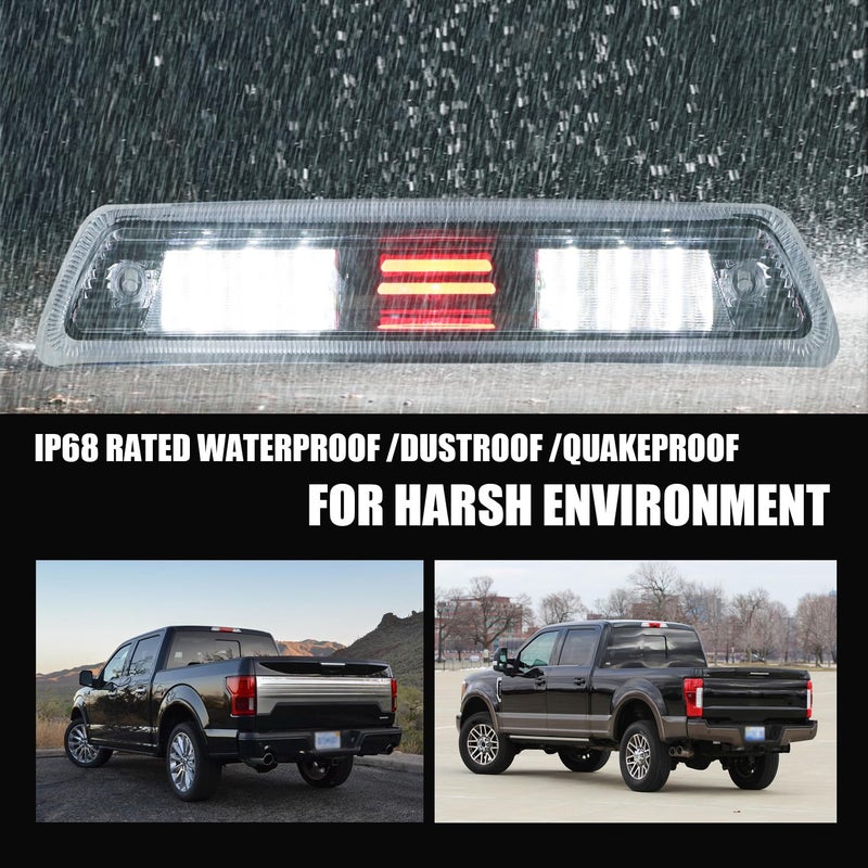 ILONPA High Mount Stop Lights Third 3rd Brake Lights Replacement for Ford F150 F-150 09-14 2009 2010 2011 2012 2013 2014 Clear LED Rear Cab Roof Center Mount Brake Stop Tail Cargo Light Lamp(Chrome+Clear) - Image 2